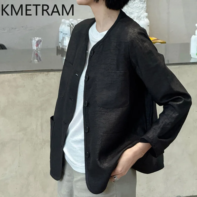KMETRAM 100% Mulberry Silk Blouse for Woman Xiangyun Sha Black Coat Casual Loose Spring Tops 2026 Premium Women Clothes блузка