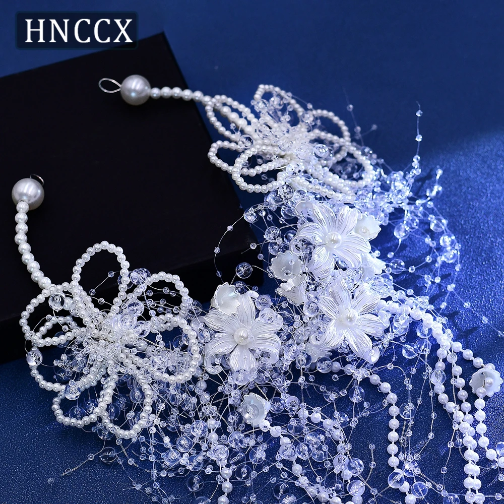 HNCCX Trendy White Color Pearl Flower Headband Bridal Tiara For Women Bride Pearl Tassel Luxury Wedding Hair Accessories CP741 ﻿