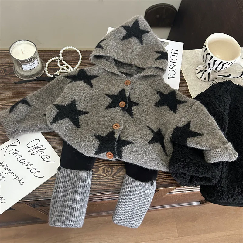 Autumn Winter Kids Girls 2PCS Clothes Set Five-pointed Star Hoodded Sweaters Spliced Fleece Leggings Suit Toddler Girls Outfit