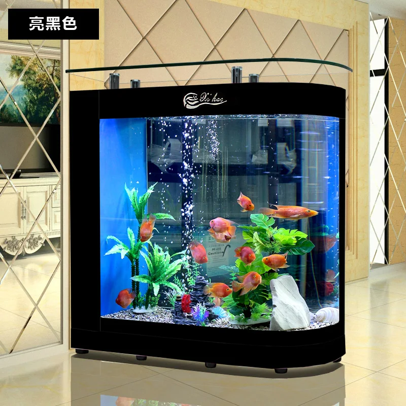 Right angled curved glass living room, home medium-sized large screen with landscape fish tank