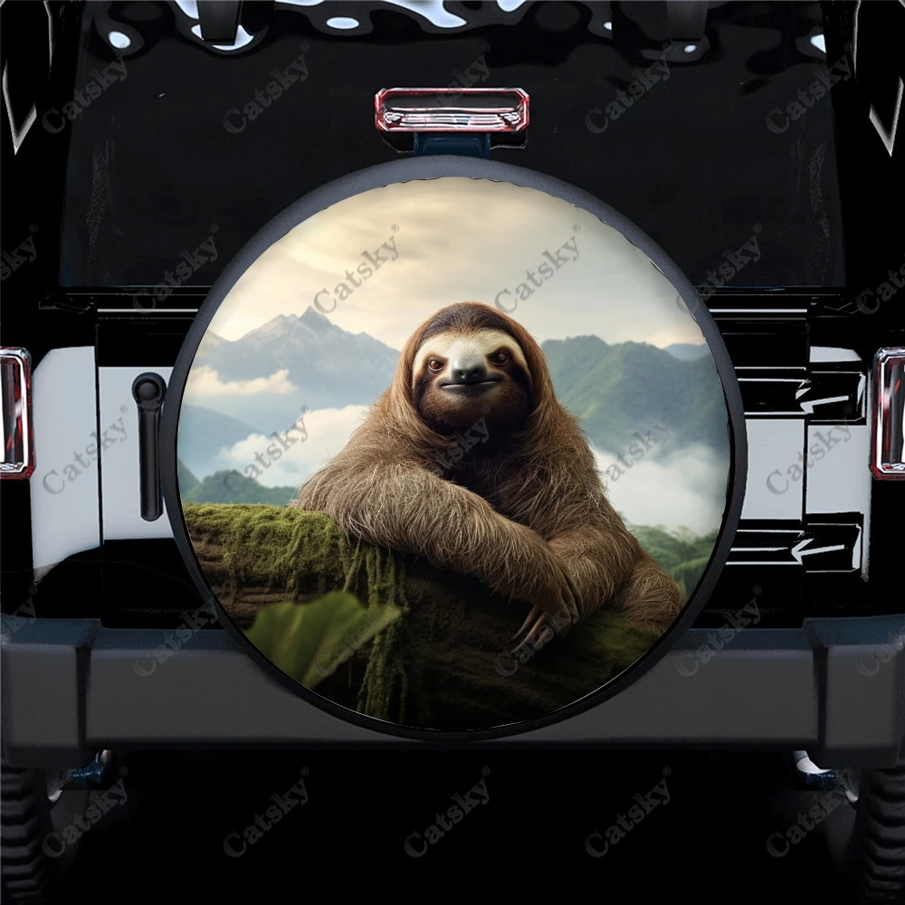 Sloth with Mountain Landscape Polyester Universal Spare Wheel Tire Cover Custom Tire-Covers for Trailer RV SUV Truck Camper