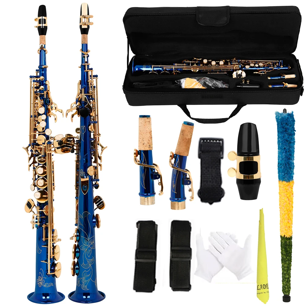 SLADE Blue Soprano Saxophone Standard Bb Straight Soprano Saxophone Brass Body Carved White Shell Keys Sax with  Strap Gloves