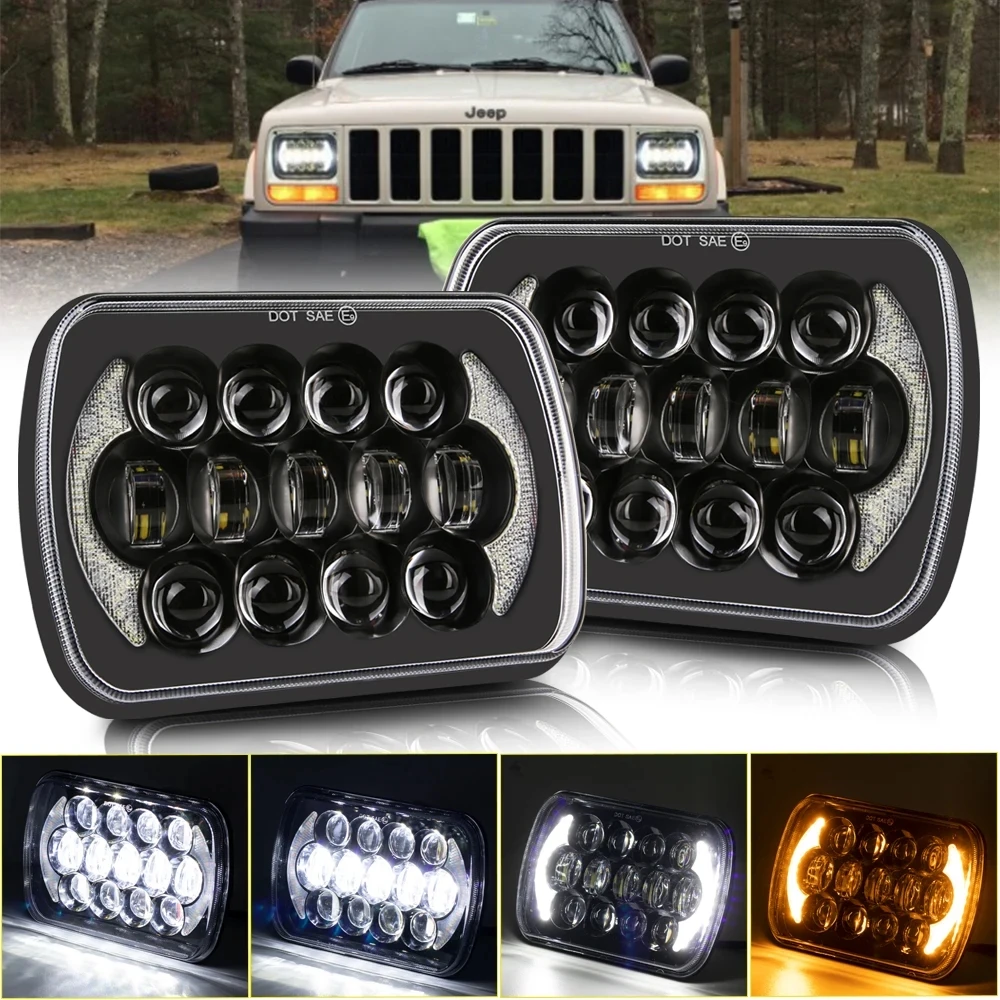 

90W 7x6'' 5X7" Waterproof LED Headlight White DRL Amber Turn Signal for Jeep YJ Cherokee XJ Trucks H4 Square Headlamp