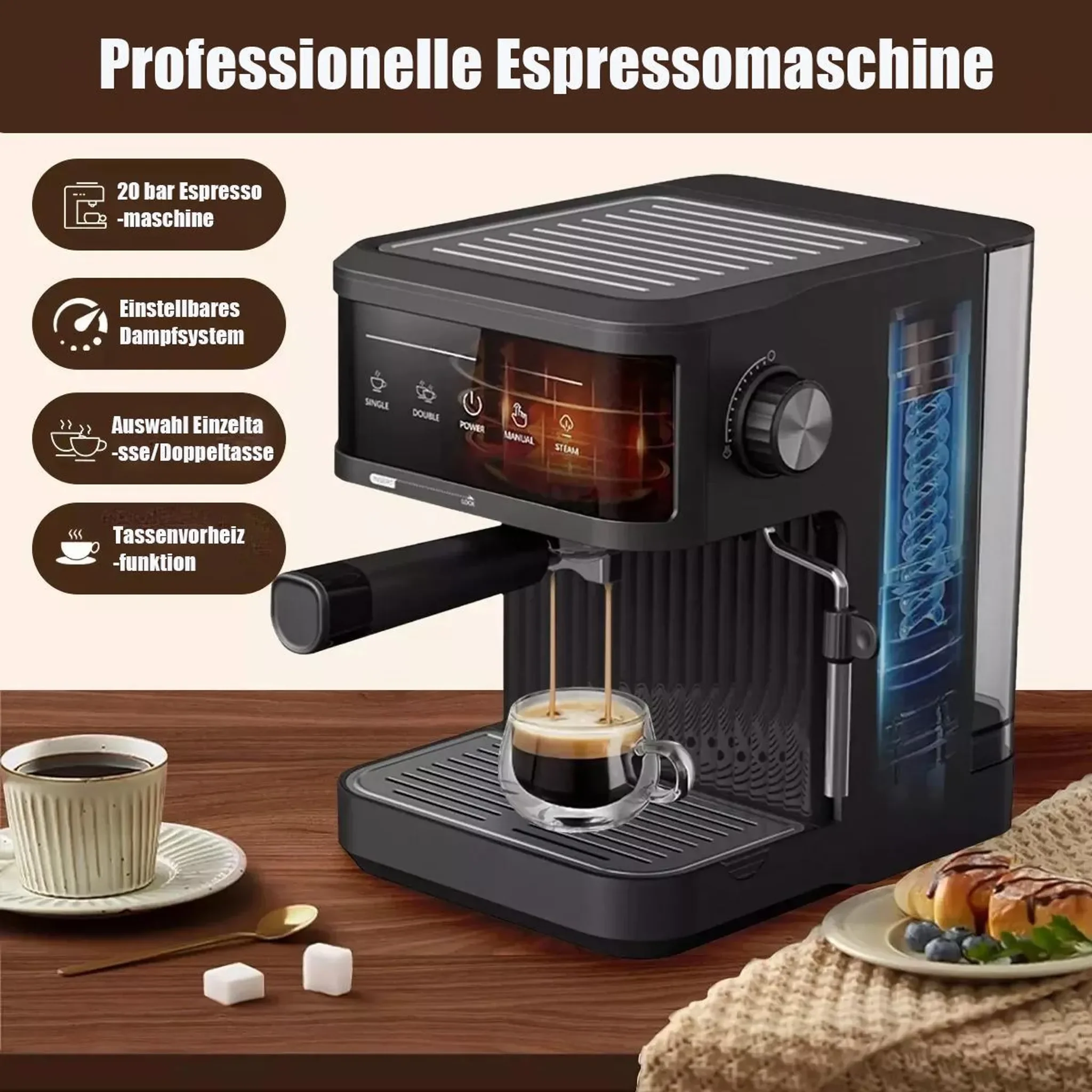 Schwarze 20 Bar Espressomaschine mit Touchscreen, 360° Dampfstab, Tassenwärmer, 1,8L abnehmbarer Wassertank, Haushalts Kaffeemaschine für Latte Cappuccino