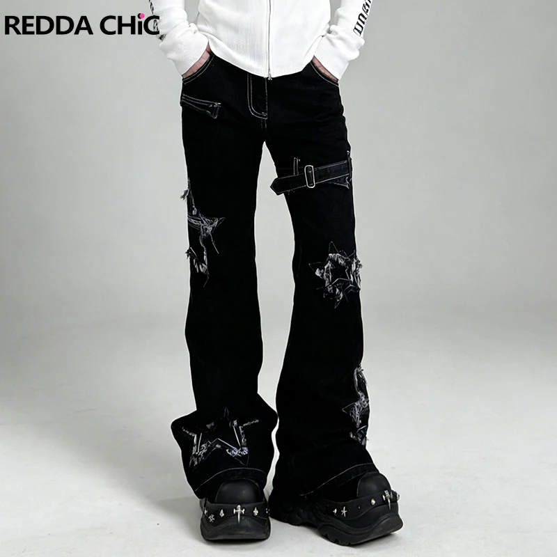 

REDDACHIC Vintage Star Patched Flare Jeans with Belt Grunge Y2k Raw Edge Pockets Slim Fit Bootcut Pants Hip Hop Men Streetwear