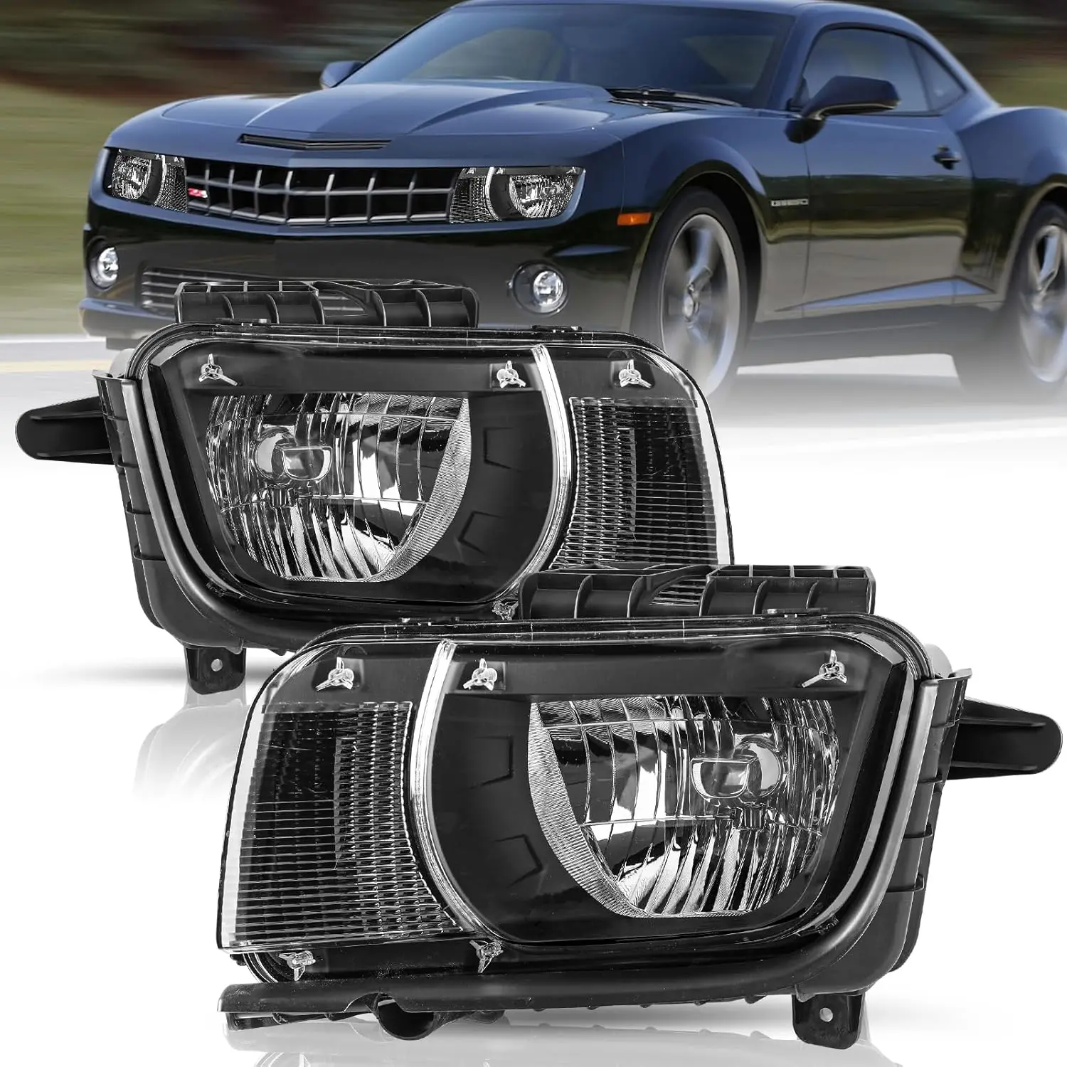 Headlight Assembly Pair Set Halogen NON Projector Replacement for 2010 2011 2012 2013 Camaro Black Housing Clear Reflector OEM S