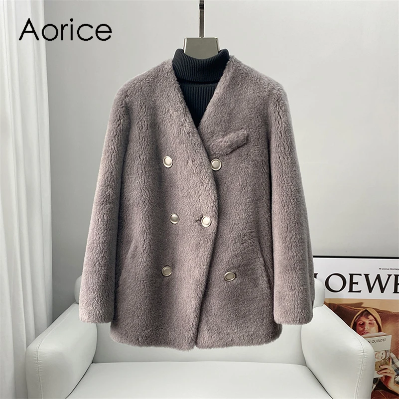 Aorice Mantel Bulu Wol Asli Wanita Parka Jaket Geser Domba Wanita Hangat Musim Dingin Baru Mantel Ukuran Lebih CT205