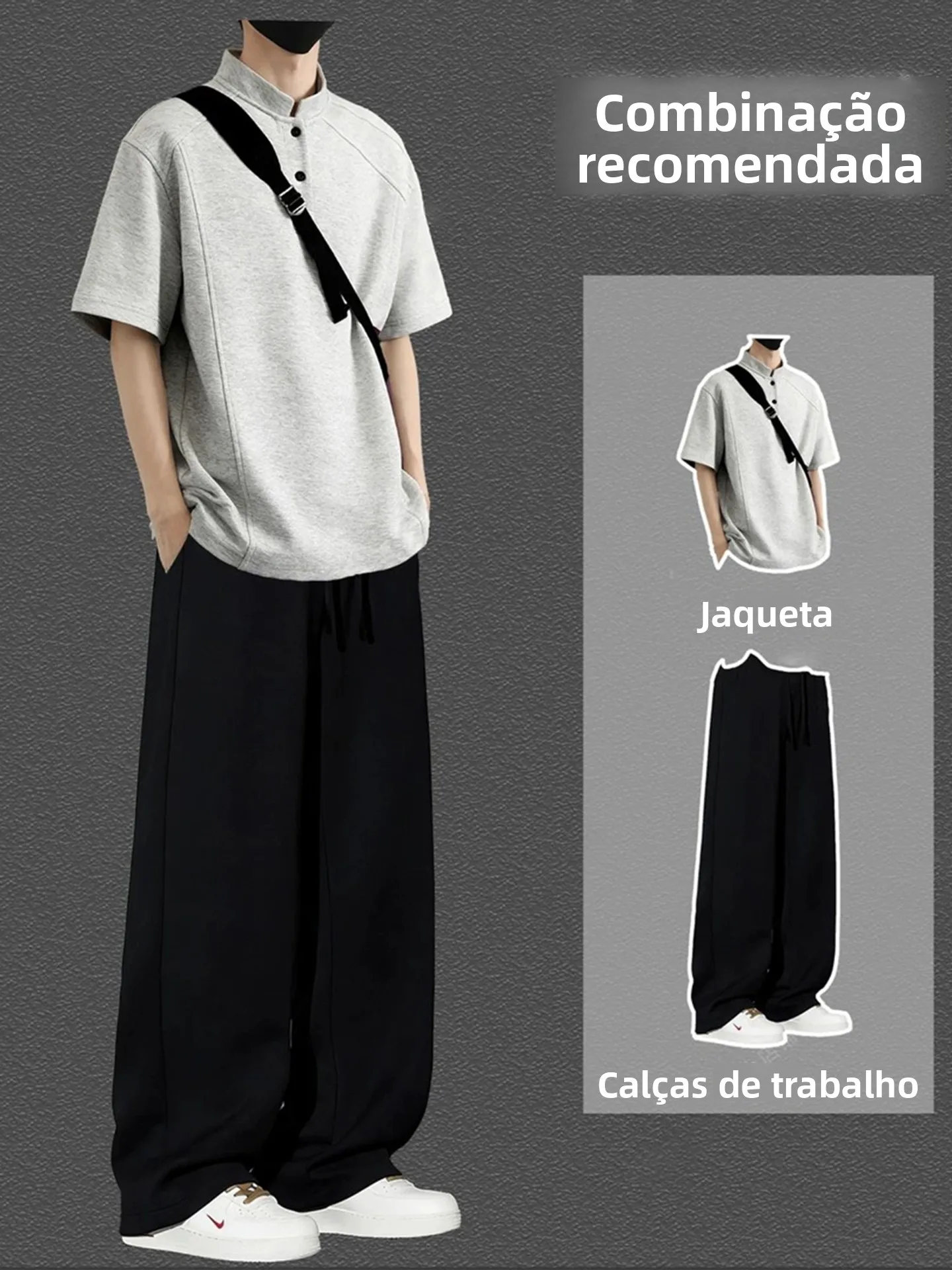 Conjunto Masculino Casual Estilo Americano: Camiseta Gola Henley e Calça Leve de Verão com Corte em Formato de Faca