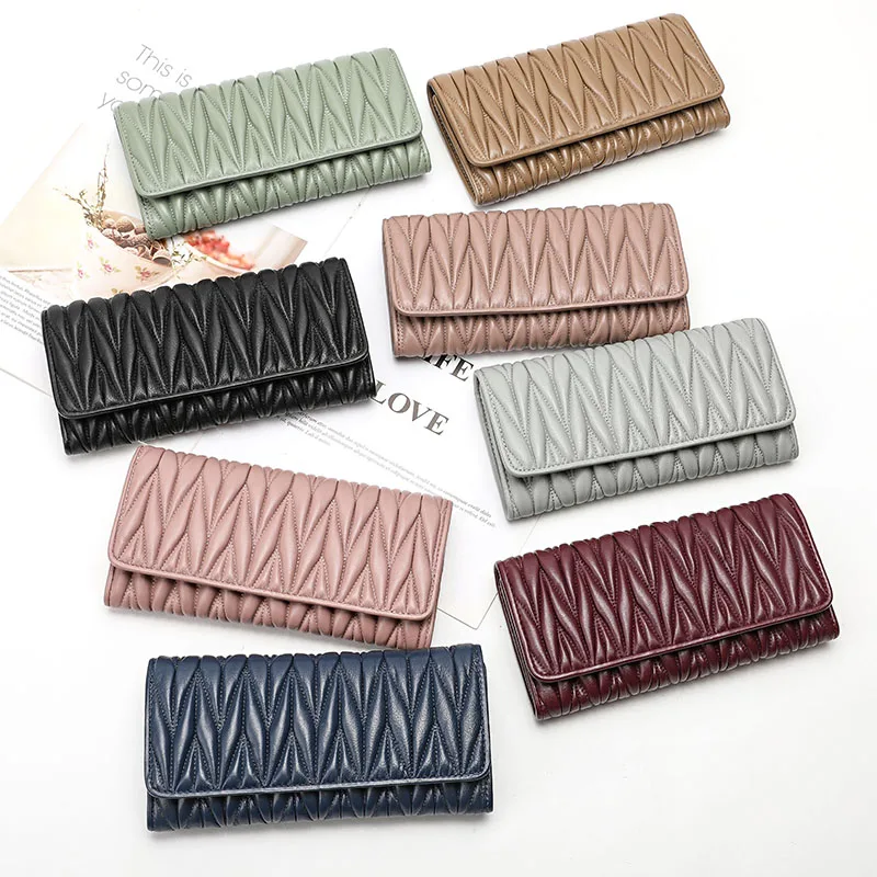 

Luxury Brand Women Long Pleated Wallet Fashion Hasp Zipper Multifunction Card Holder Sheepskin Genuine Leather Female Coin Purse