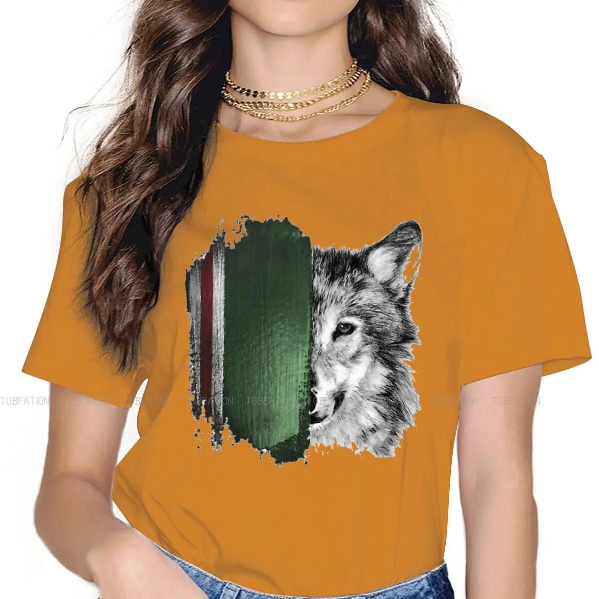 Face Round Collar TShirt Chechen Wolf Thugs Brave Pure Cotton Basic T Shirt Woman's Tops Individuality Fluffy