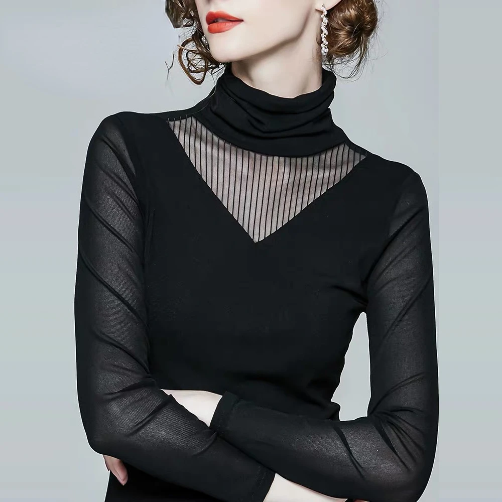 

Thin Thick Black High-collar Lace Pullovers Tops Female Autumn Winter New Mesh Long-sleeved Bottoming Blouse Tshirt L-4XL