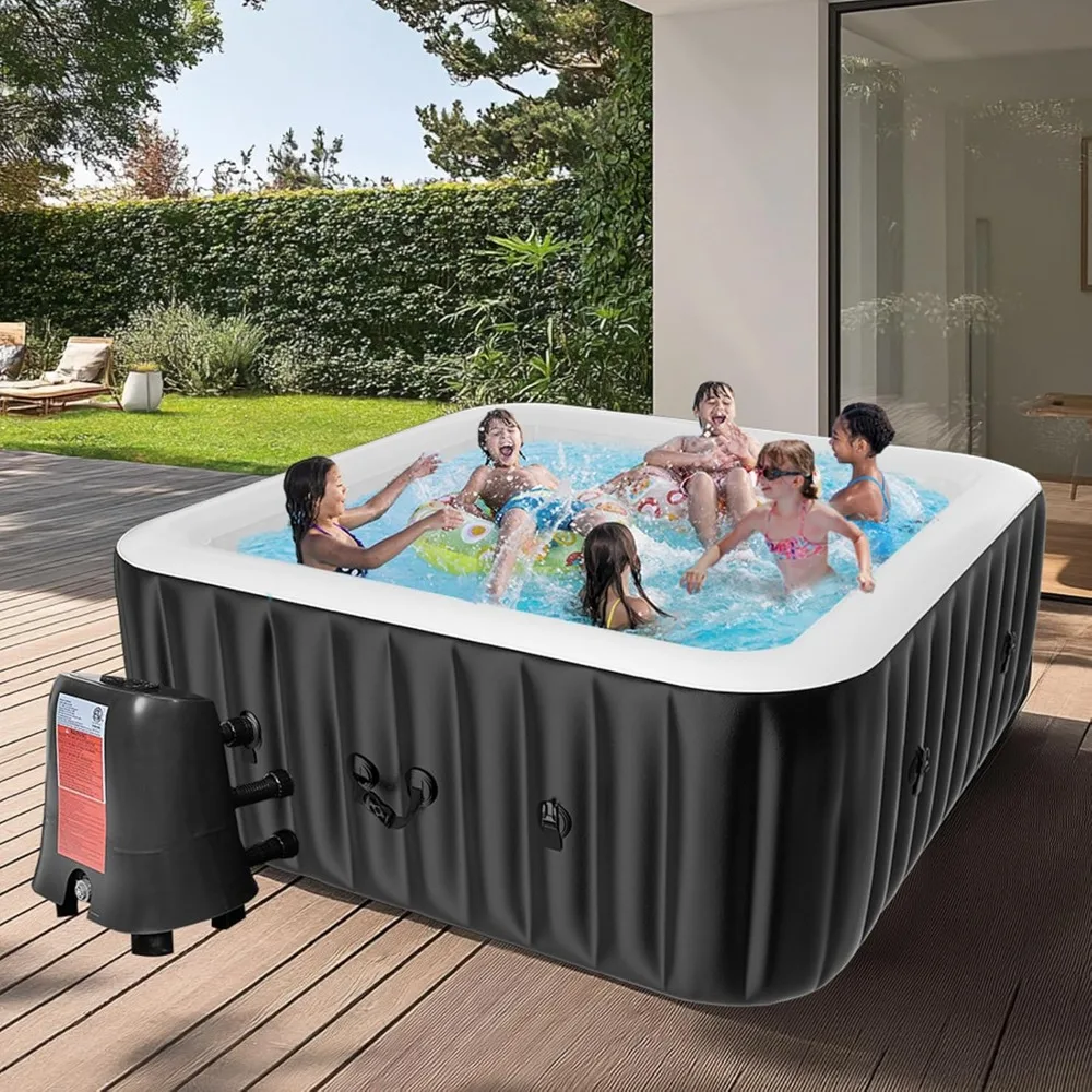 Square Inflatable Hot Tub 4-6 Person, Portable Outdoor Spa with 130 Bubble Jets, Heater Pump & Cover, 73x73x25 Inch, Custom
