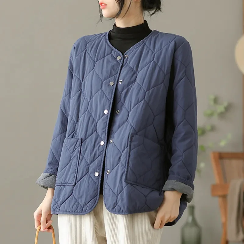 2024 New Korean Women Puffer Short Jacket Cotton Padded Casual O Neck Coats Fall Button Up Solid Thin Parkas Soft Cotton Clothes