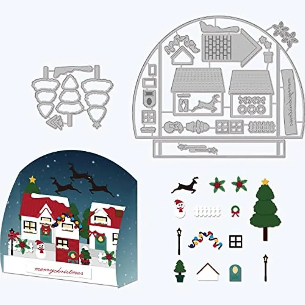 3D Christmas House Set Cutting Dies Christmas Tree Snowman Die Cuts Reindeer Lights Carbon Steel Die Cutting Template