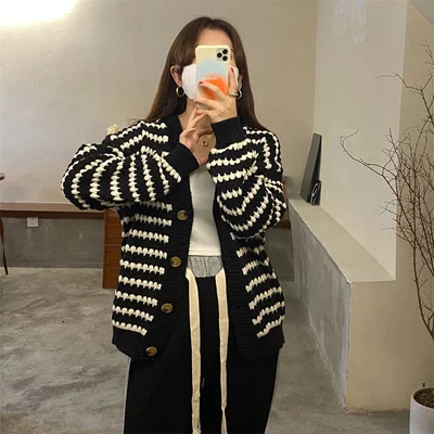 

Retro V-Ne Striped Sweater Jaet Women Spring Autumn Loose Casual Outerwear Lazy Sle Knitted Open Cardigan