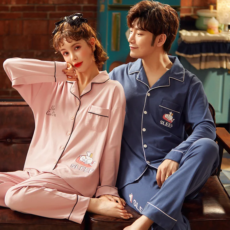 Spring Autumn Couples Cotton Sleepwear Long Sleeve Sleep  Top & Pant Men's Pajamas Set Women's Korean Fashion Pyjamas Pjs Home