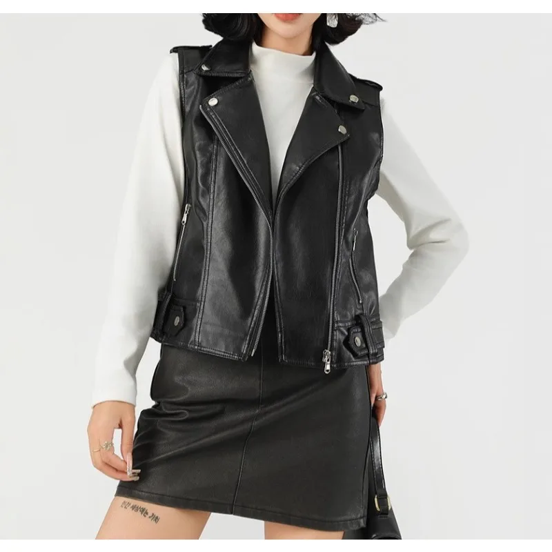 Modny garnitur, skórzana kamizelka z klapami, nowa, uniwersalna damska kurtka skórzana na wiosnę 2026