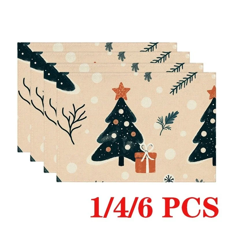 Vintage Santa Writing Letter Lantern Print Linen Placemats, Snowy Pine Forest Winter Scene Pattern Table Mats for Christmas