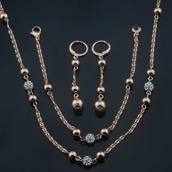 Women Bead Cubic Zircon Ball 585 Rose Gold Color Jewelry Bracelet Necklace Earrings Set