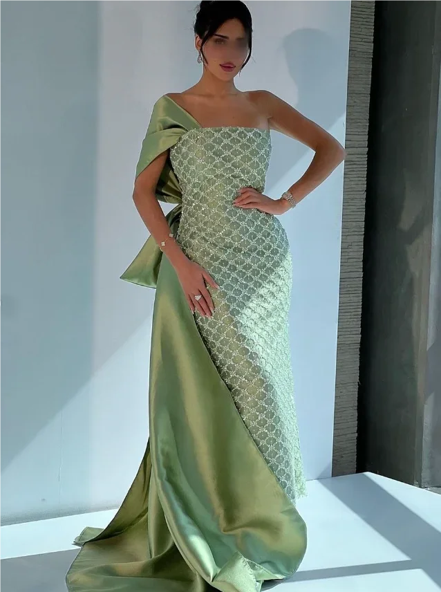 Customized Floor Length Strapless Green Dress Vestidos De Fiesta Wedding Dress Plus Size Long Dress Robe De Soirée Vert فساتين ا