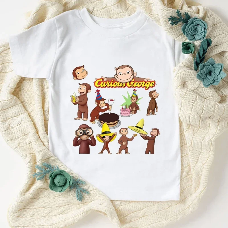 Nuevas camisetas para niños con estampado de dibujos animados de Curious George bajo un sombrero amarillo, camiseta de mono para niños, camisetas lindas para niñas, camisetas de disfraz de cumpleaños