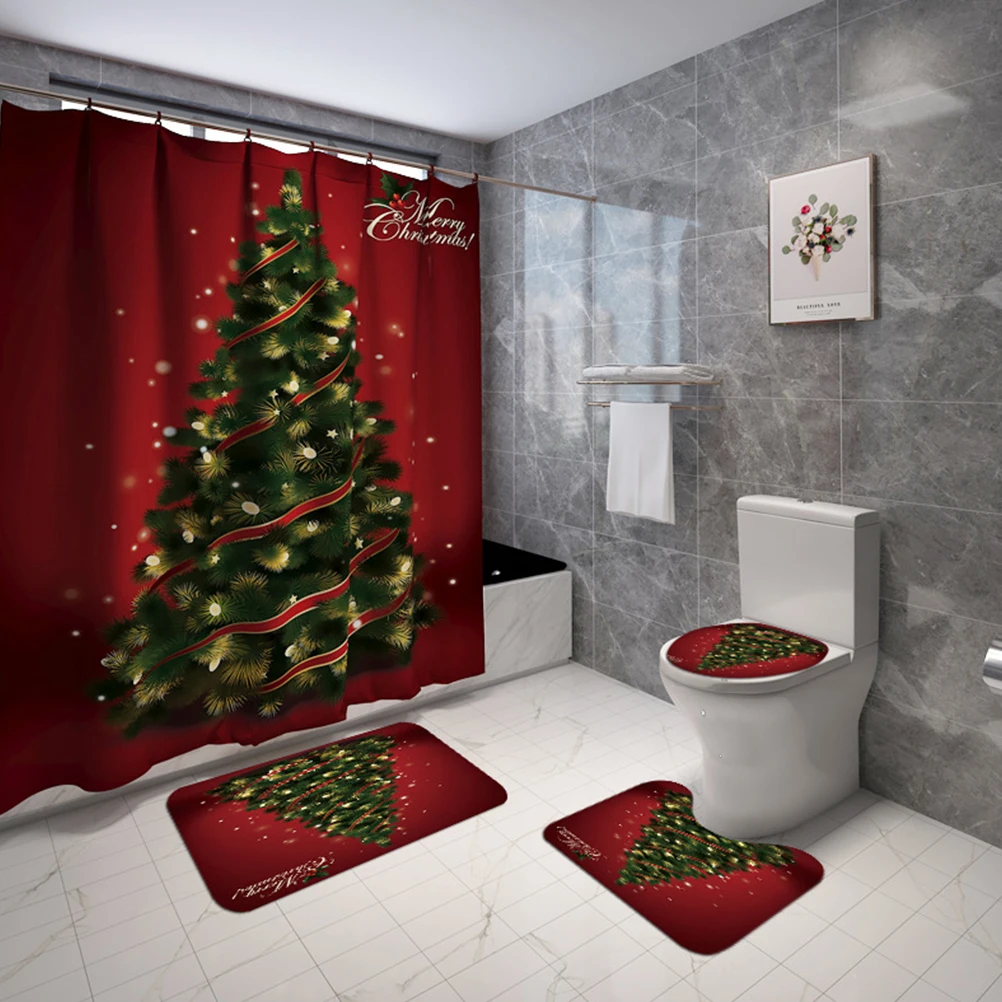 

1Set Christmas Bath Mat Anti-Skid Pedestal Rug Toilet Lid Cover Set Red Festival Bathroom Floor Rug Christmas Bath Mat