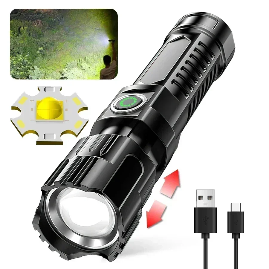Lampe de poche LED très brillante, Rechargeable par USB, avec Zoom tactique, projecteur haute puissance, torche de pêche pour Camping en plein air