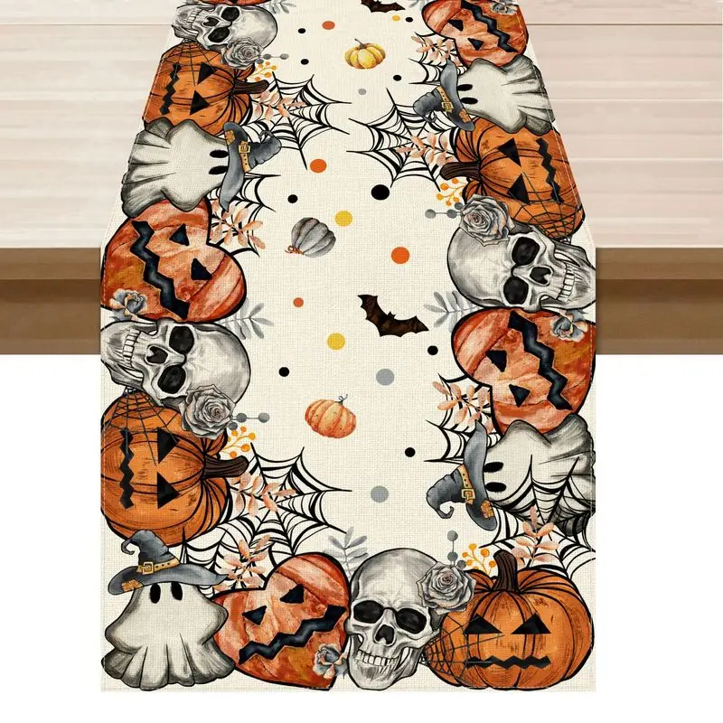 Halloween Table Runner Skull Ghost Pumpkin Spider Web Bat Polka Dot Table Runner for Dining Table Home Halloween Party Decor