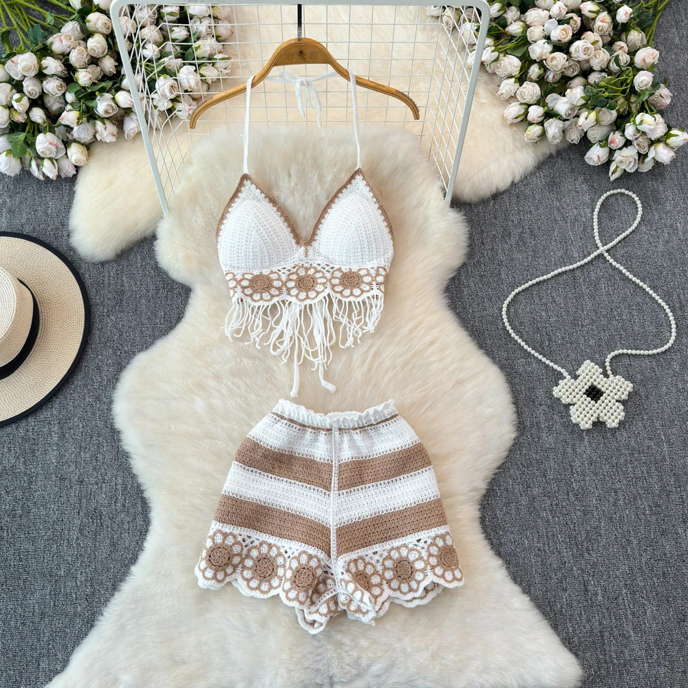 2025 Beach Vacation Knit Women Co-ord Set Crochet Knit Halter Sleeveless Lace Up Camis and Shorts 2pcs Suits Summer Outfit