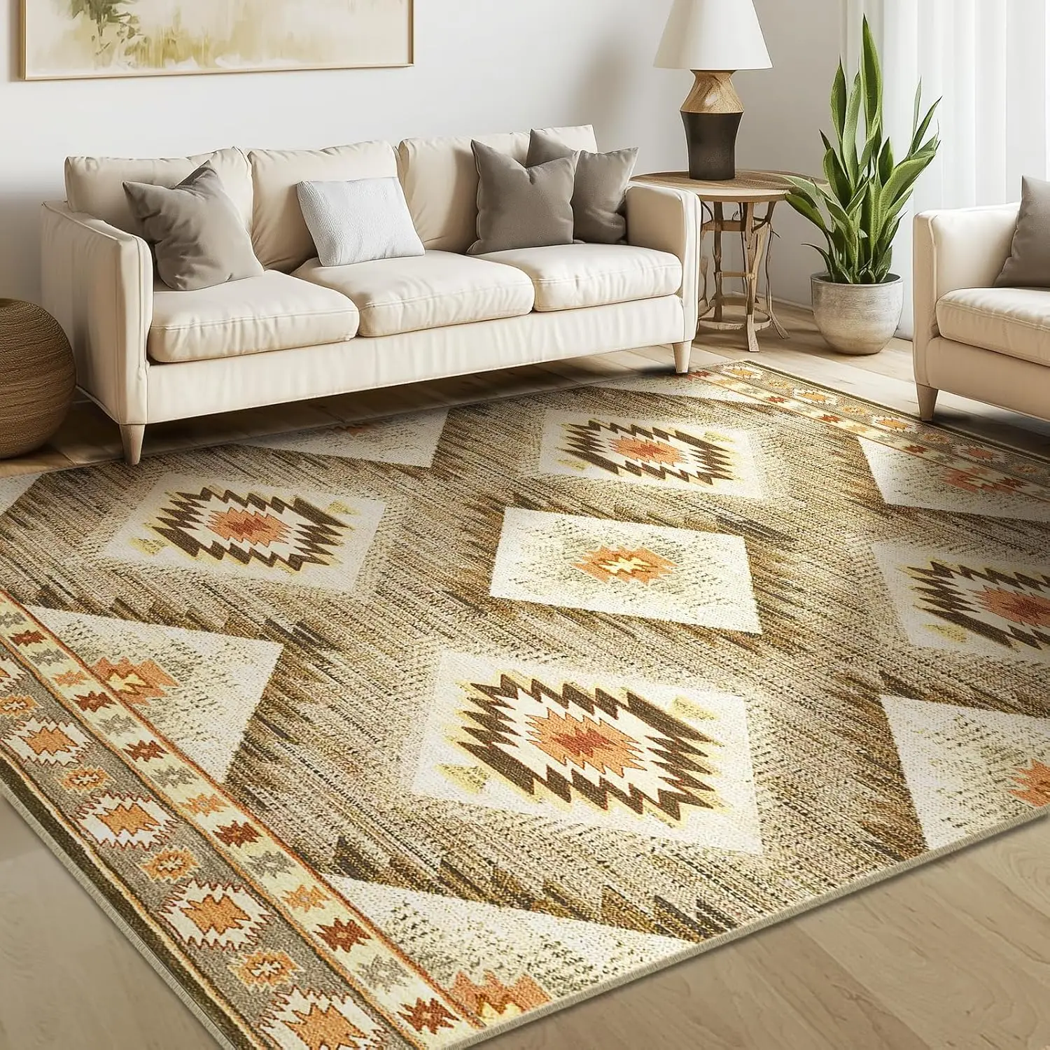 8x10 Area Rug Machine Washable Non-Slip Low Pile Print Pattern Western and Aztec Rug for Living Room