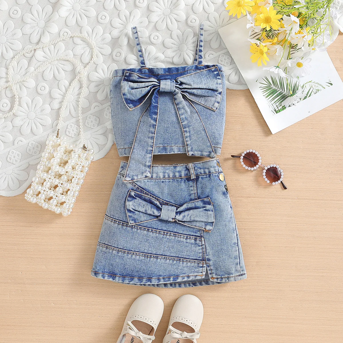 

Children's summer denim suit for girls new children's halter + skirt two-piece set