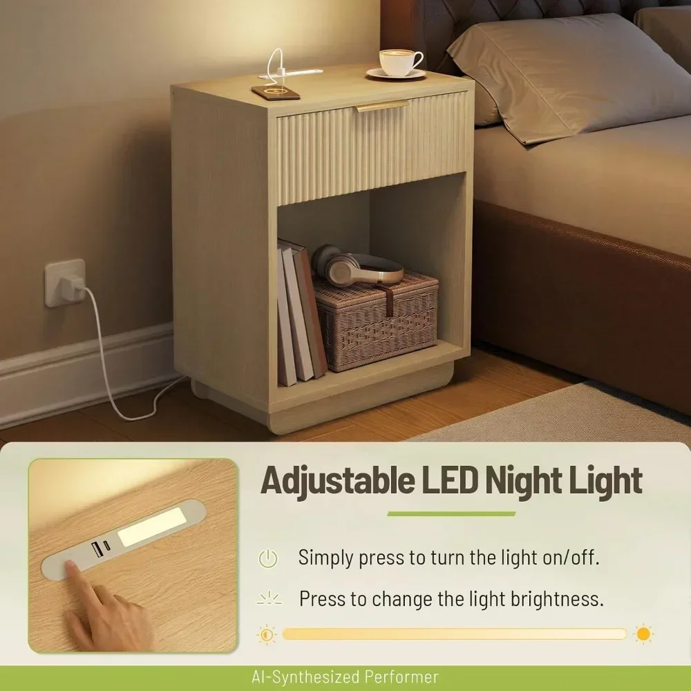 Modern Fluted End Table Duo for Bedroom, USB LED Night Light Charging Ports, Drawer and Shelf view 5