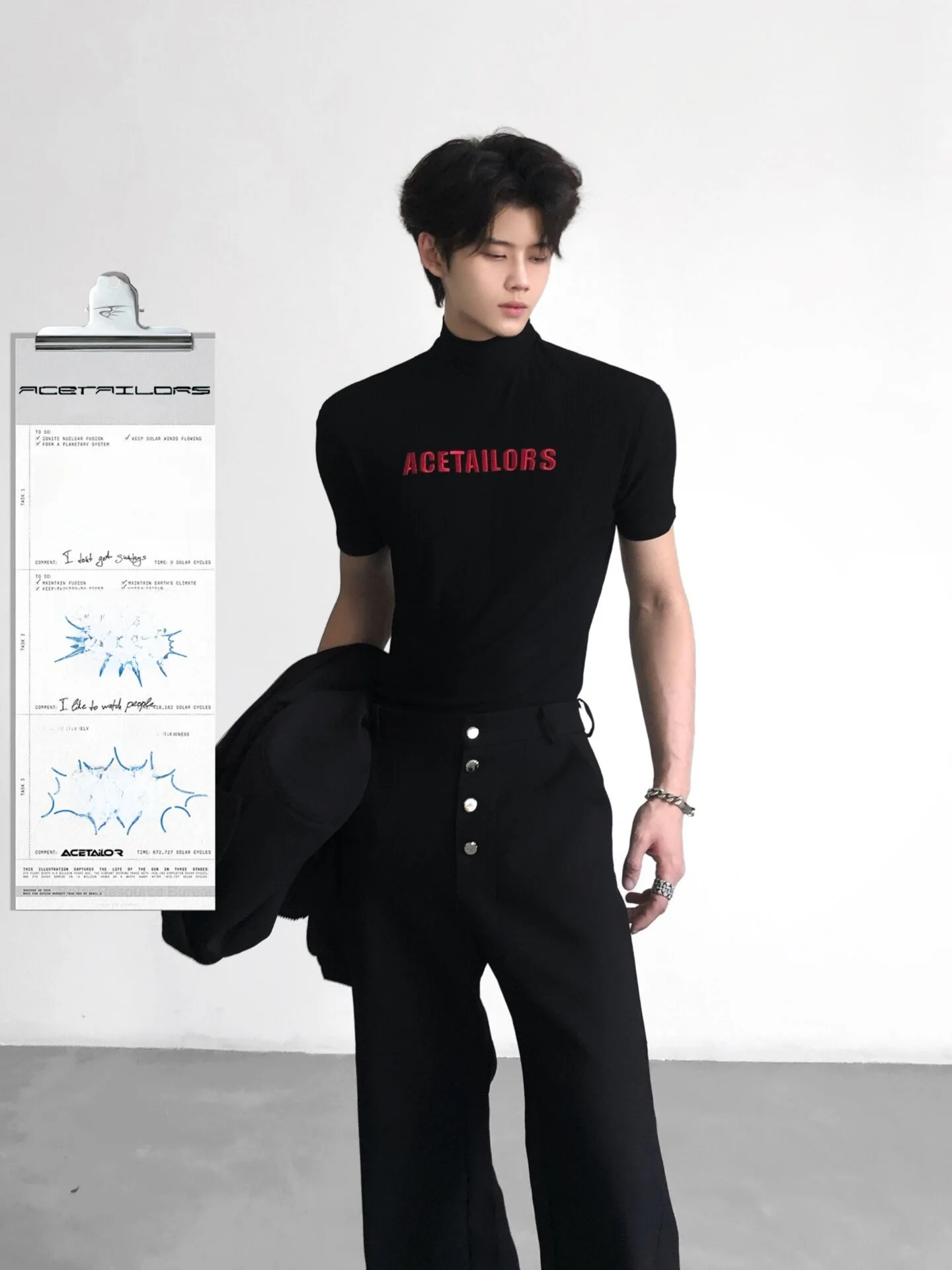 Ace Tailors Men's Slim Fit T-Shirt Embroidered Letter Half High Collar Short Sleeve Casual Fashion Breathable Comfortable