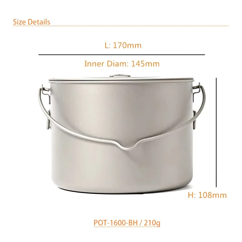 TOAKS Titanium 1600ml Pot Outdoor Camping Hanging Tableware With Bail Handle Easy to Carry POT-1600-BH