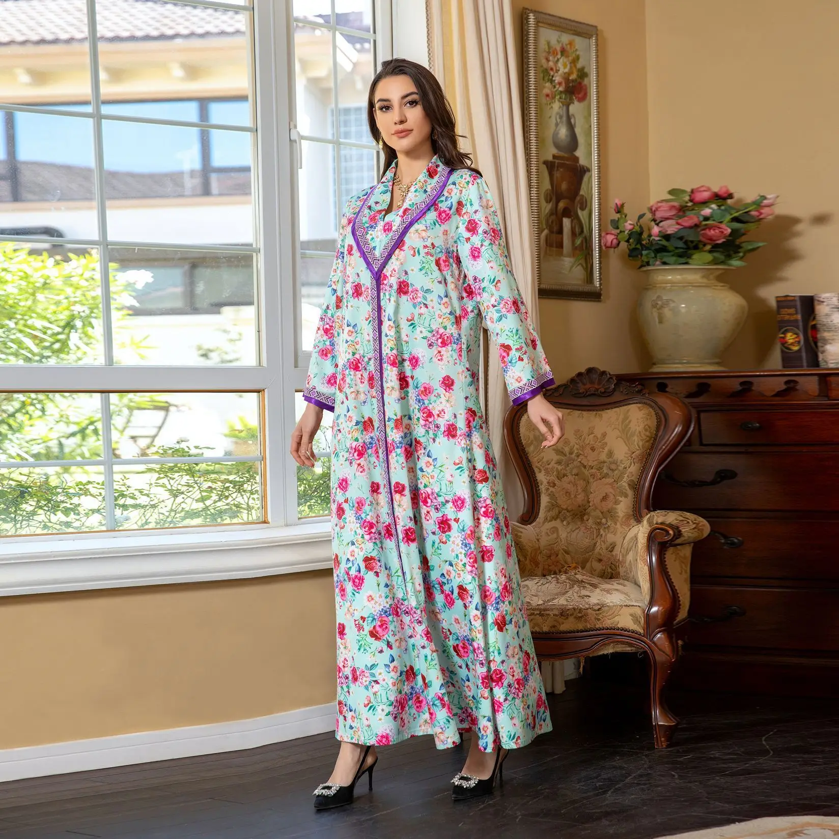 AB361 Saudi Dubai Spring New Muslim Women's Wear Arabic Fashion Printed Hot Diamond Dress