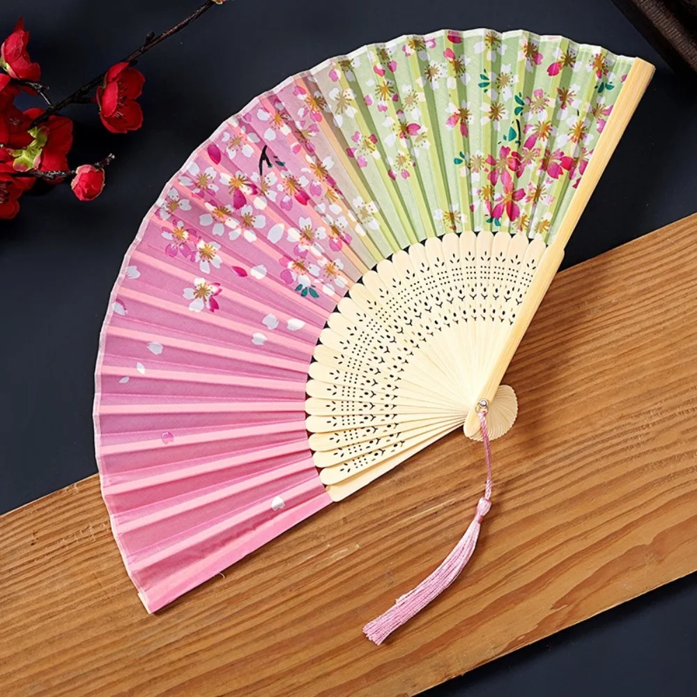 Vintage Chinese Style Tassel Folding Fan Swallow Lotus Bamboo Fan Cherry Blossoms Orchid Handheld Fan Girl Gift