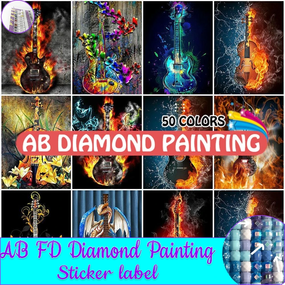 

50 Colors 5D Diamond Painting Guitar Embroidery AB Violin Fire Mosaic Fantasy Picture Rhinestones Cross Stitch Home Decor