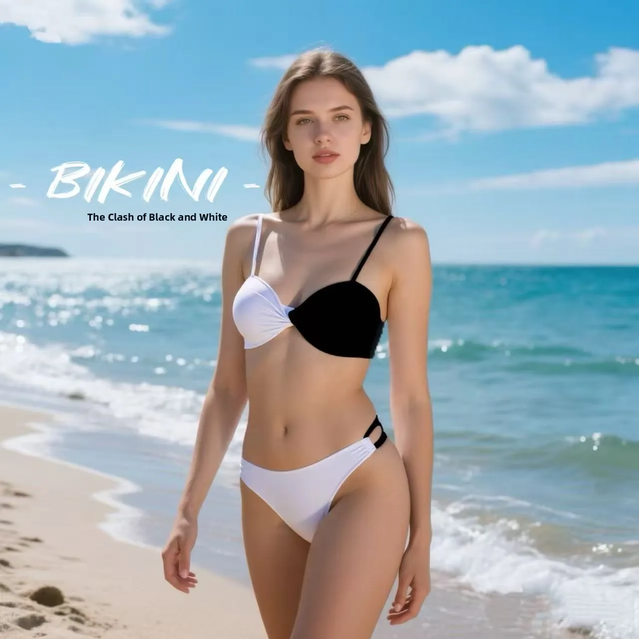 

Черно-белый раздельный купальник-бикини с эффектом пуш-ап и сборками для женщин