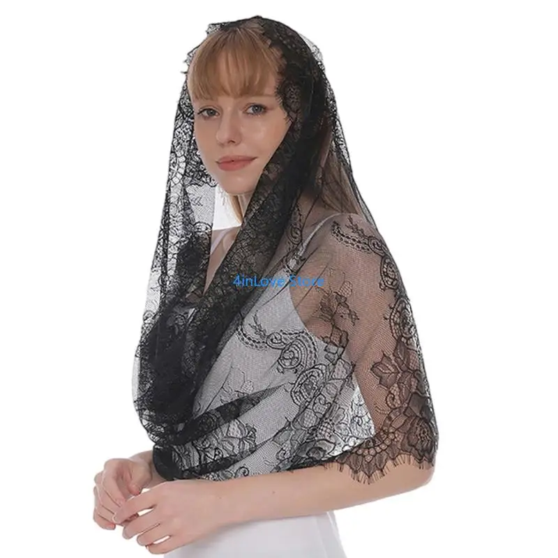 T4MD حجاب حجاب دانتيل حديث لصلاة الكنيسة حجاب رأس تول أنيق للنساء مانتيا #4
