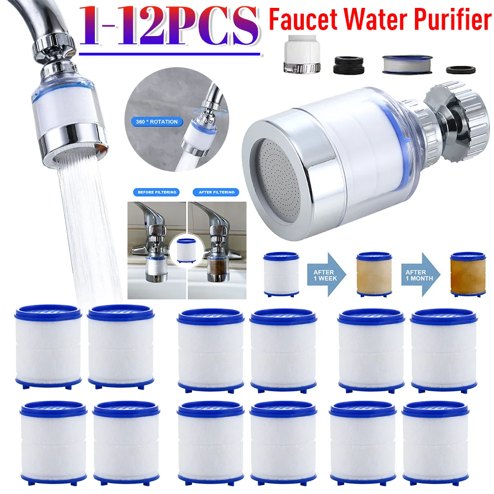 

1-12PCS Faucet Water Filter 360 Degree Rotating Splash Filters Remove Chlorine Heavy Metals Filtered Showers Head Bath Purifier