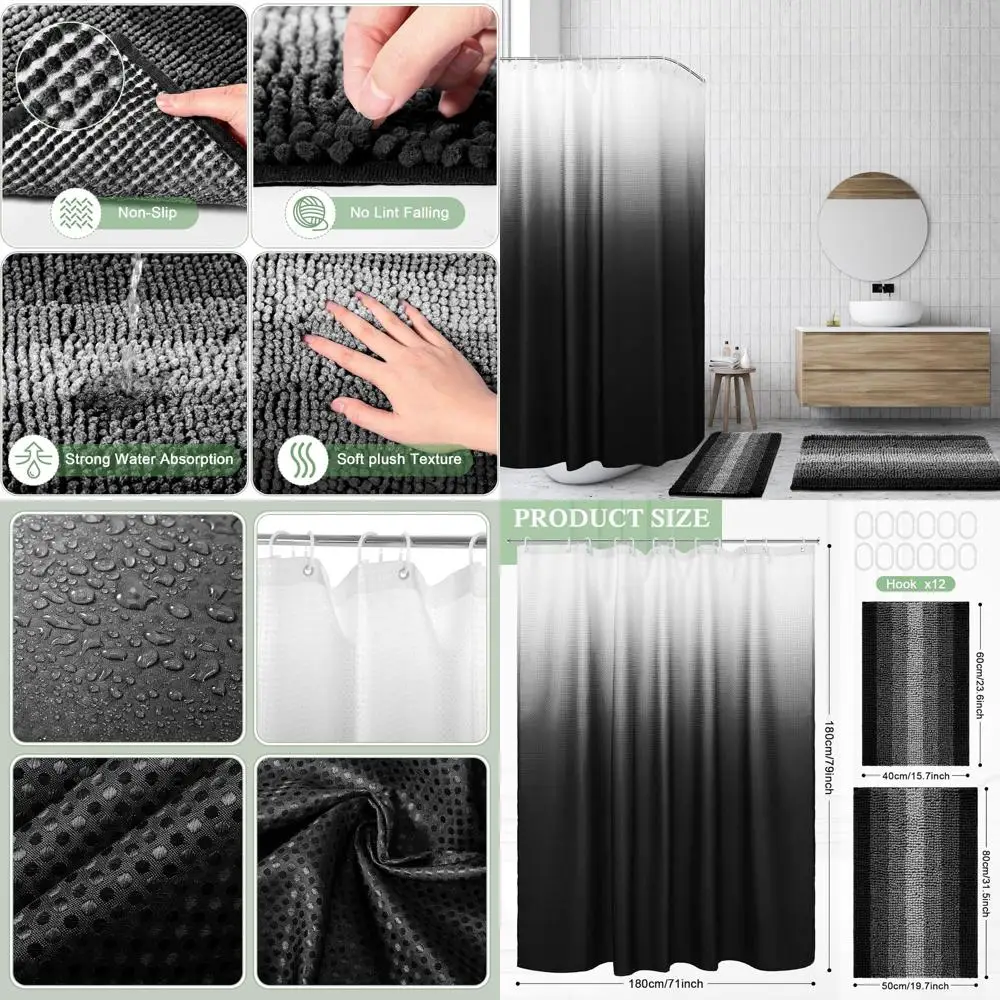

3 Piece Black Shower Curtain and Rug Set with 12 Hooks, Waterproof Ombre Design for Hotel Bathroom Decor