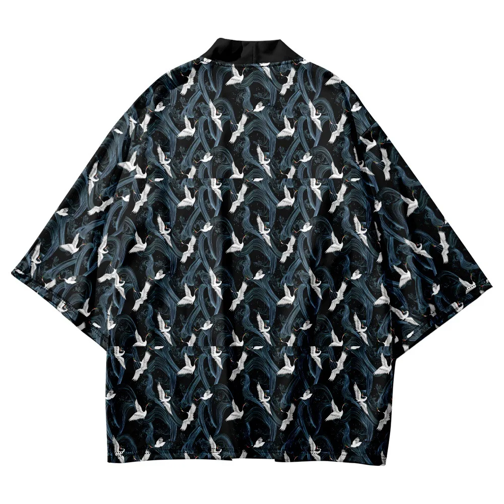 Harajuku Men Women Cardigan Kimono Tops Japanese Style Fashion Crane Print Haori Shirts