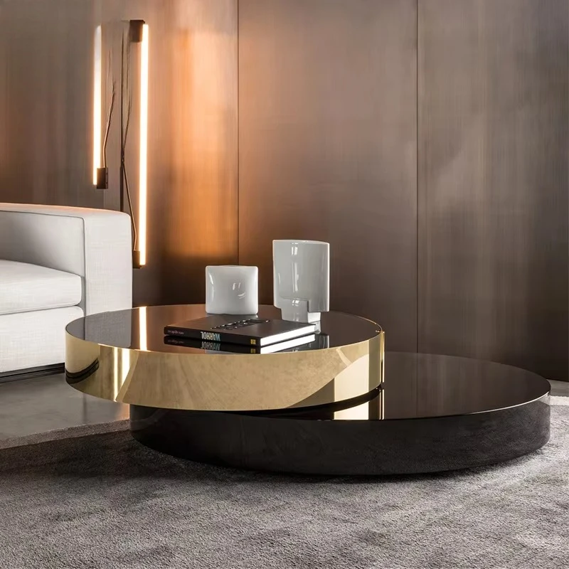 High End Round Coffee Table Double Modern Luxury Stainless Steel Brass Rotating Black and Gold Coffee Table