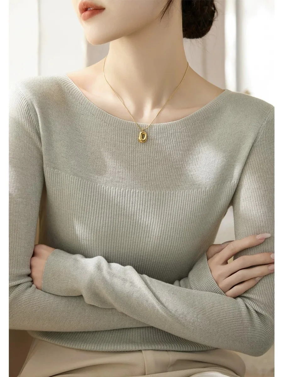 Advanced Knitted Long Sleeve Base Shirt Sweater Women's Autumn Winter New Pure Color One Shoulder Correct Shoulder Top