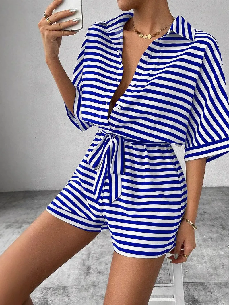 

Casual Stripe Open Cardigan Short Sleeve Beachwear Women's High Waist Short Pants Street Style Summer Outfit