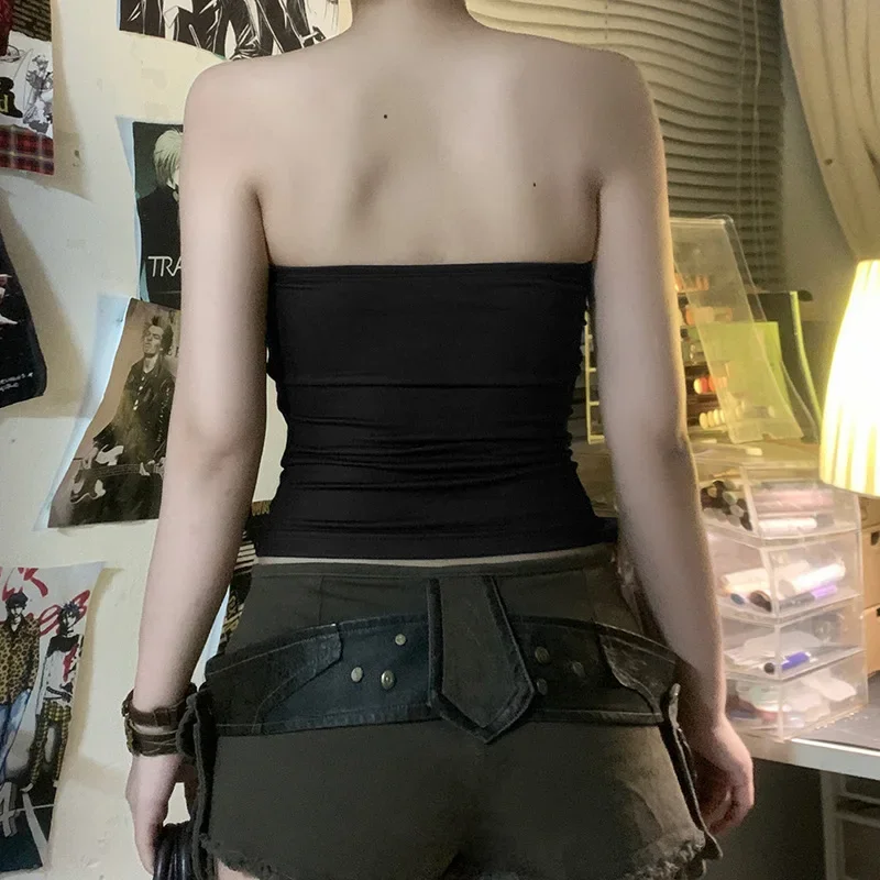 Dark Fur Trim Tube Top Gothic Sexy Slim Slash Neck Sleeveless Tank Tops Women 2024 Autumn Winter Fashion Holiday Lady