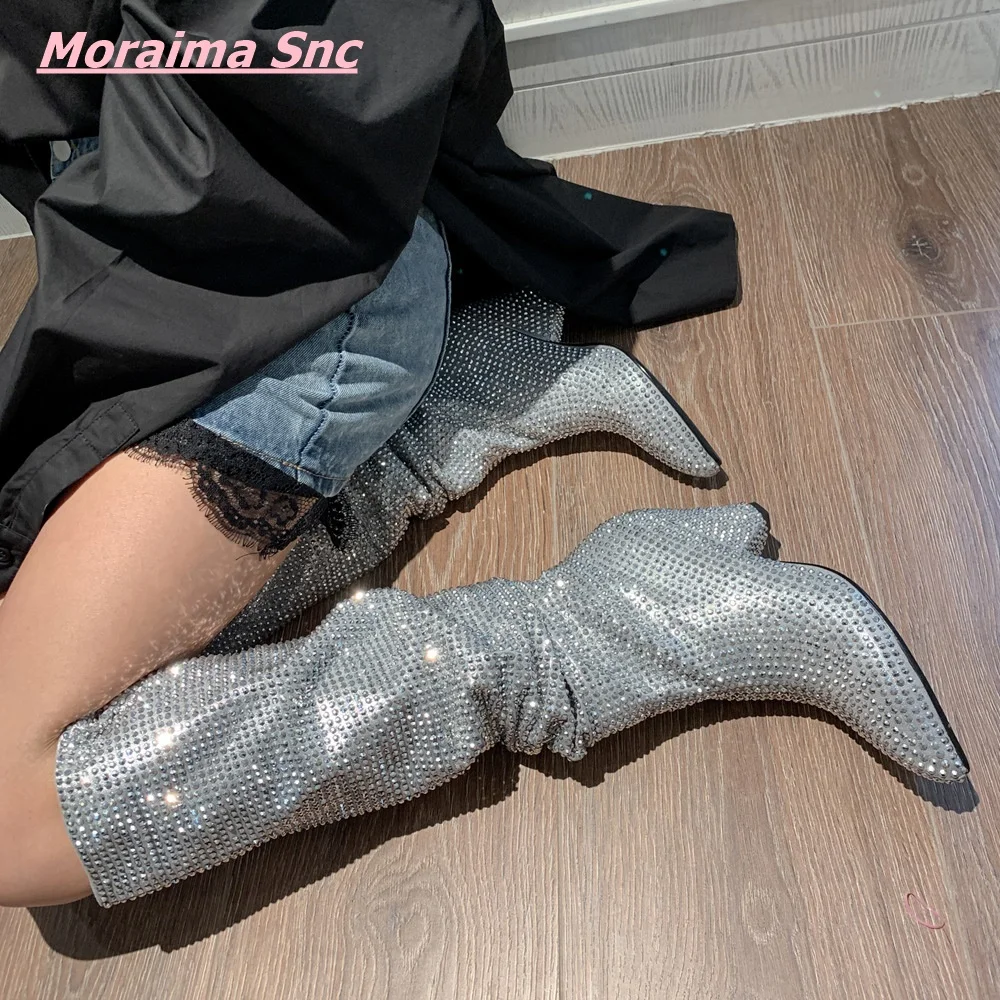 

2022 Autumn Winter Women Rhinestone Boots Knight Silver Cool Pointed Toe Sexy Wedges Heel Mid-Calf New BlingBling Fashion Shoes