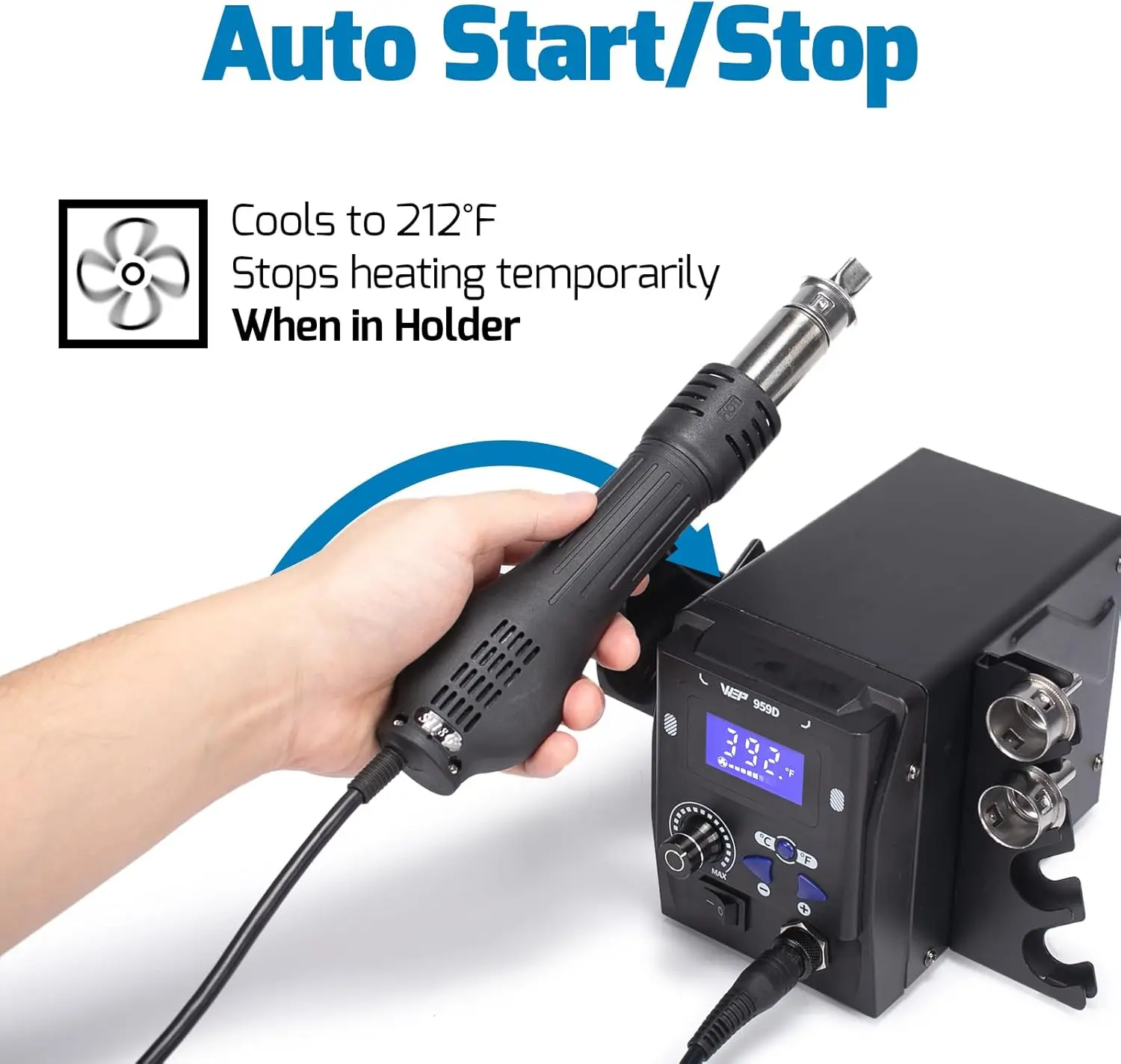 959D 열풍 SMD 납땜 리워크 스테이션 (퀵 체인지 노즐 포함, 5개 노즐, 온도 조절 기능) ° C/ ° F, 버저