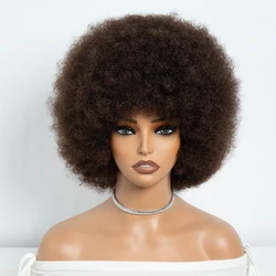 Glueless Afro Curly Wigs With Bangs Human Hair For Black Women 200% Density Kinky Curly Virgin Human Hair Wig With Bangs