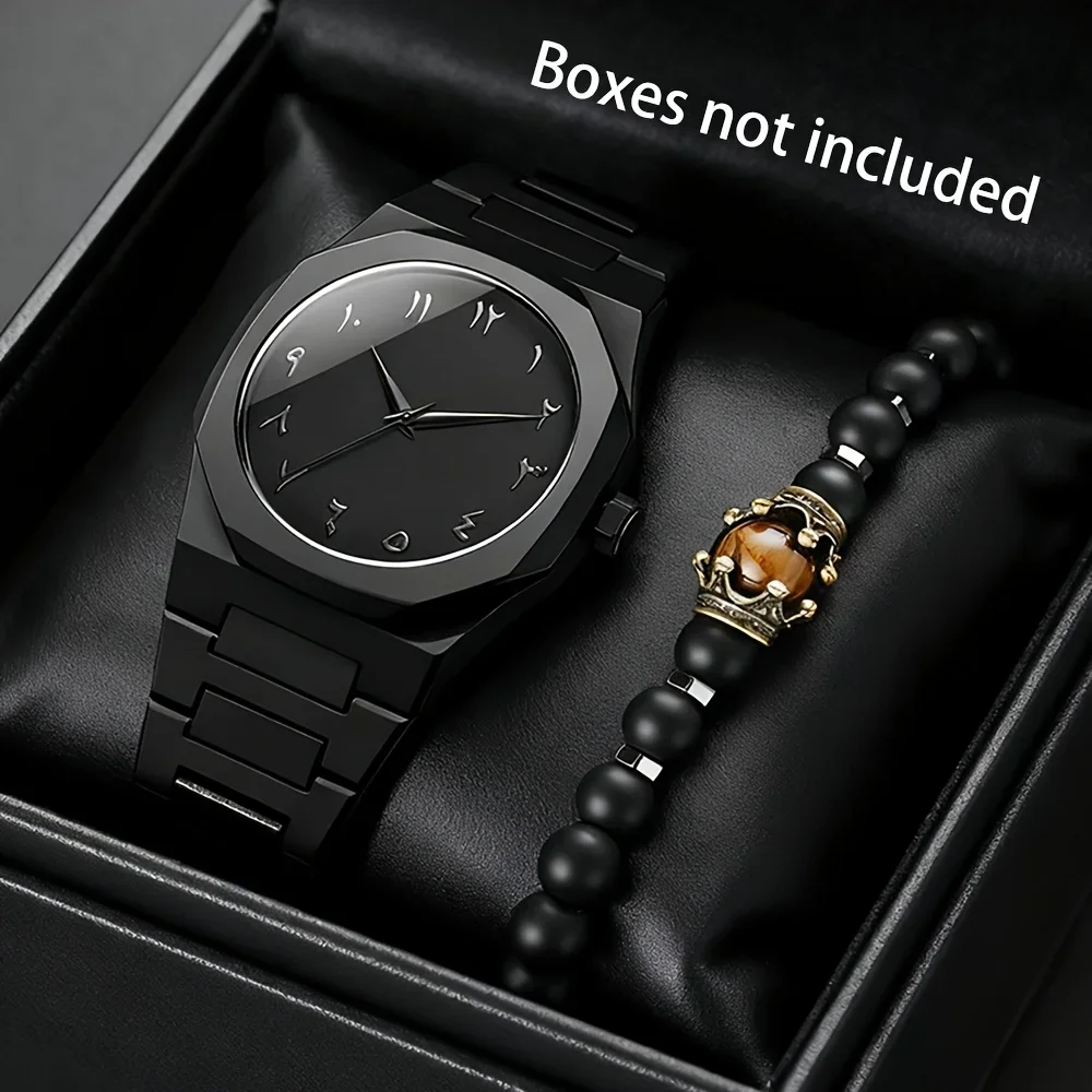 

2pcs Men's watch, light luxury, niche luxury, minimalist fashion, quartz watch, black large dial+bead bracelet（Without Box）